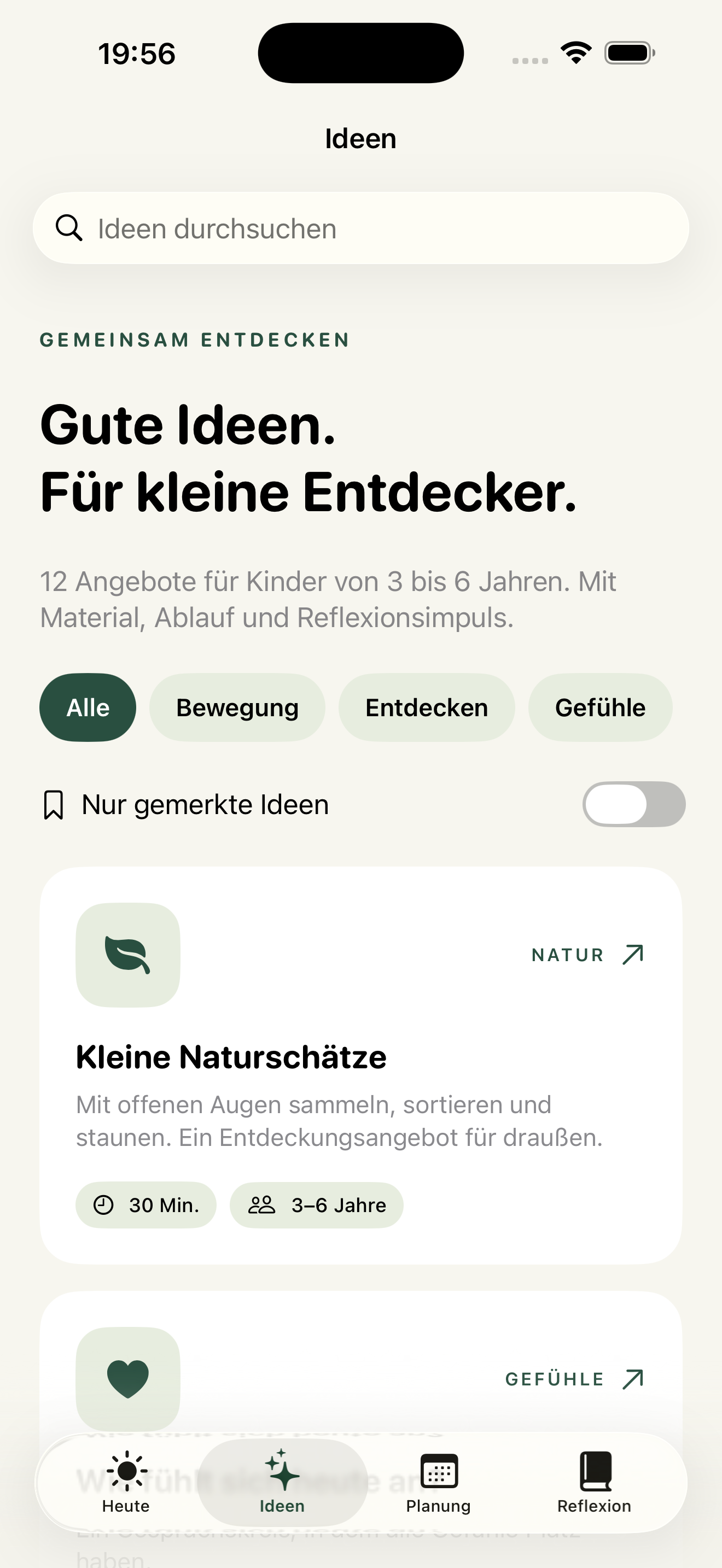 Die ERzio-Ideenbibliothek mit Bildungsbereichen, Favoriten und dem Angebot Kleine Naturschätze